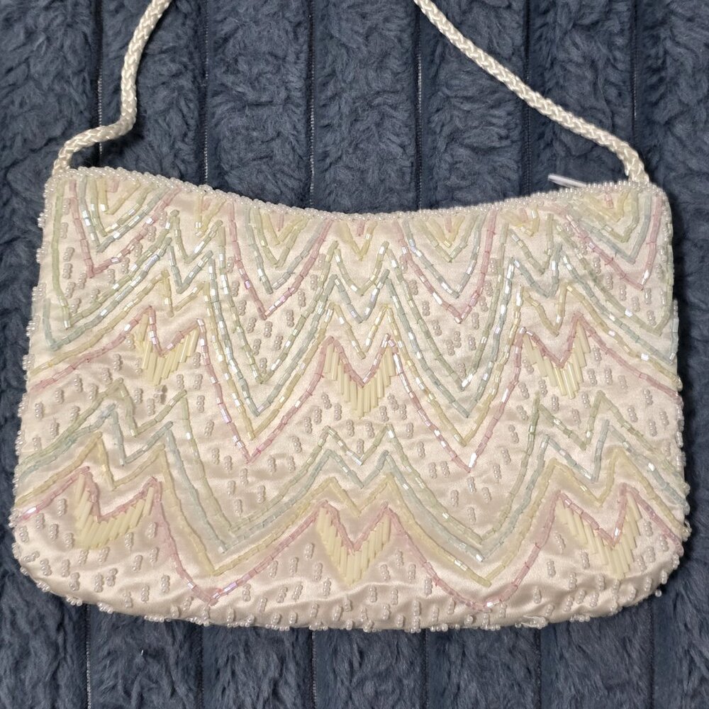 White Beaded Chevron Pattern Evening Purse With Satin Lining & Braided Strap - Picture 3 of 9